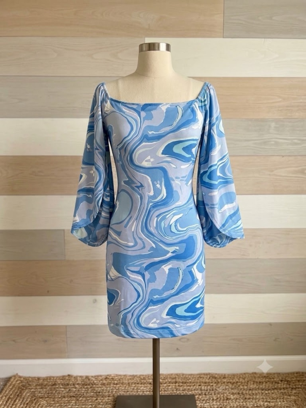 La Mer Luxe Ashby Mini Dress NWT Blue Marble Balloon Bell Sleeve Large - Picture 2 of 9